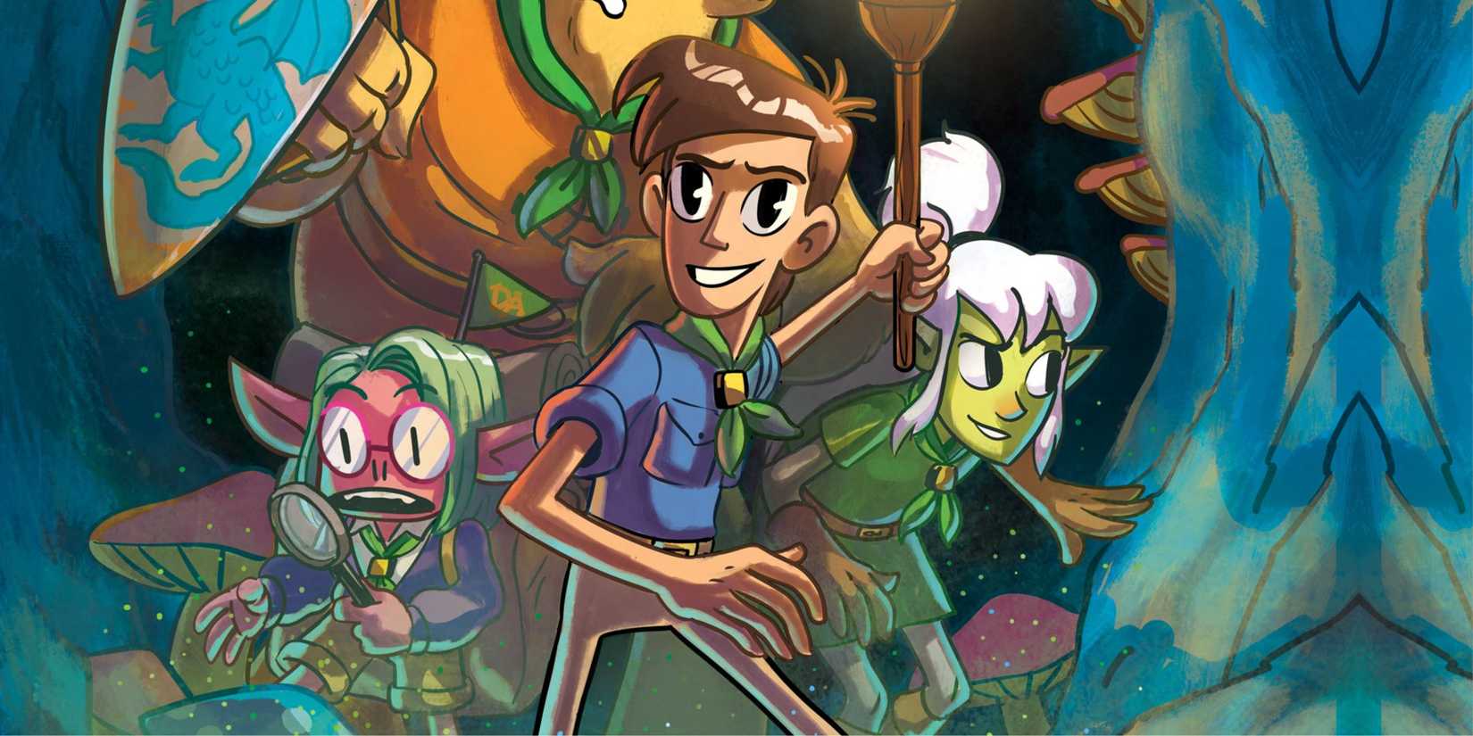 Land of Eem cover of The Dungeoneers novels featuring a party of four characters cautiously walking into a room