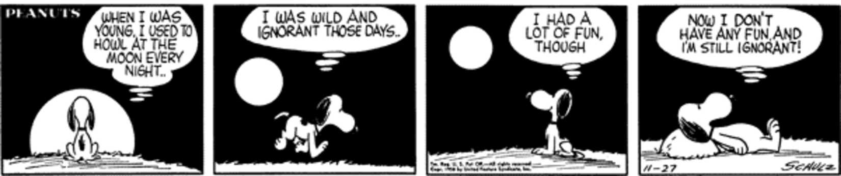Snoopy looking at the moon.