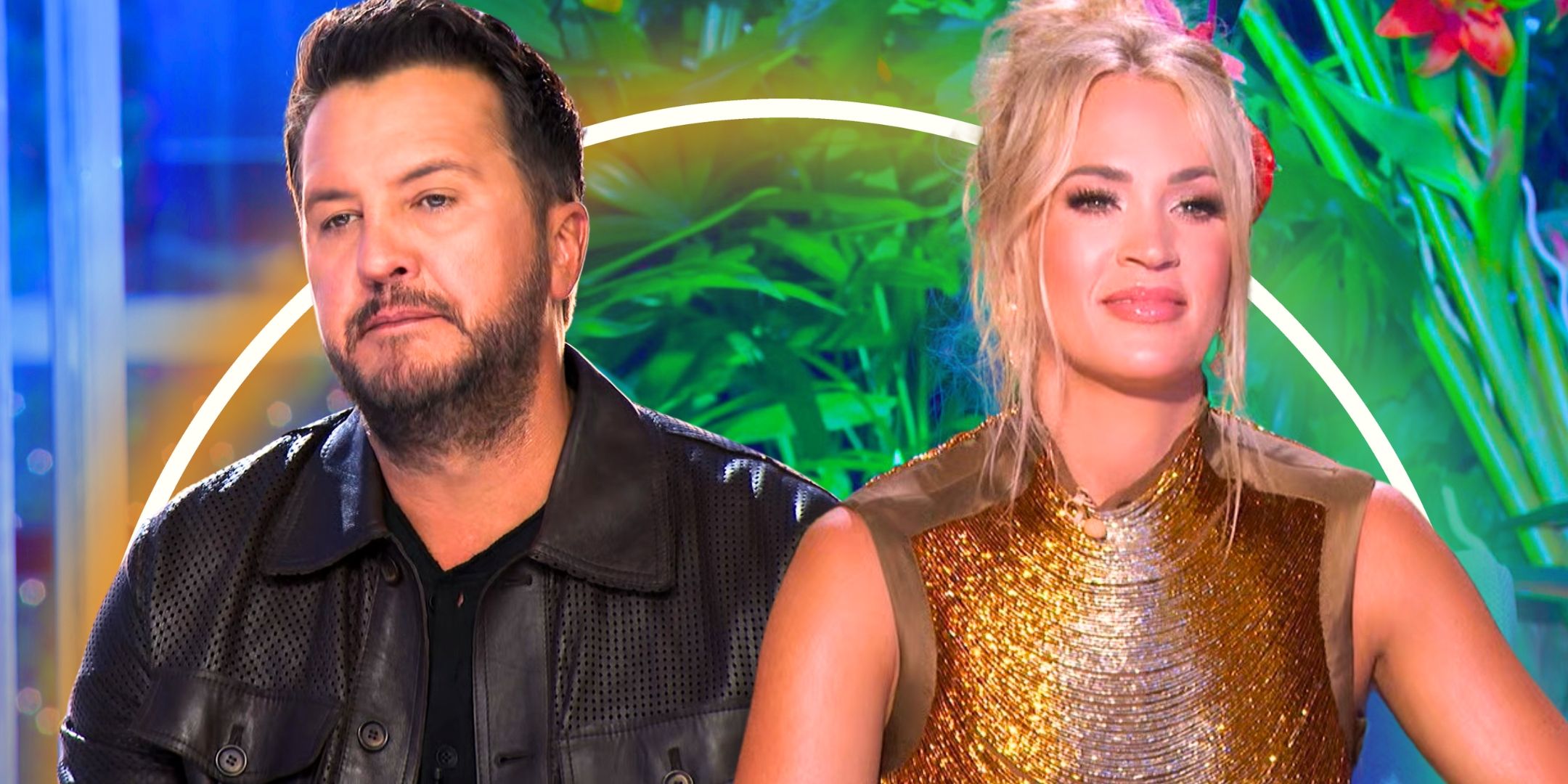 American Idol's Luke Bryan and Carrie Underwood with serious expressions in front of green plants