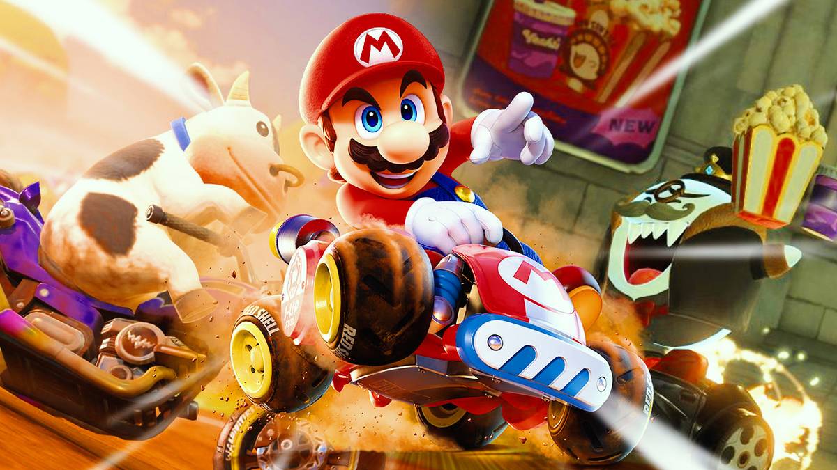 Mario driving a kart with gameplay from the Boo Cinema course and the Cow behind him in Mario Kart World.