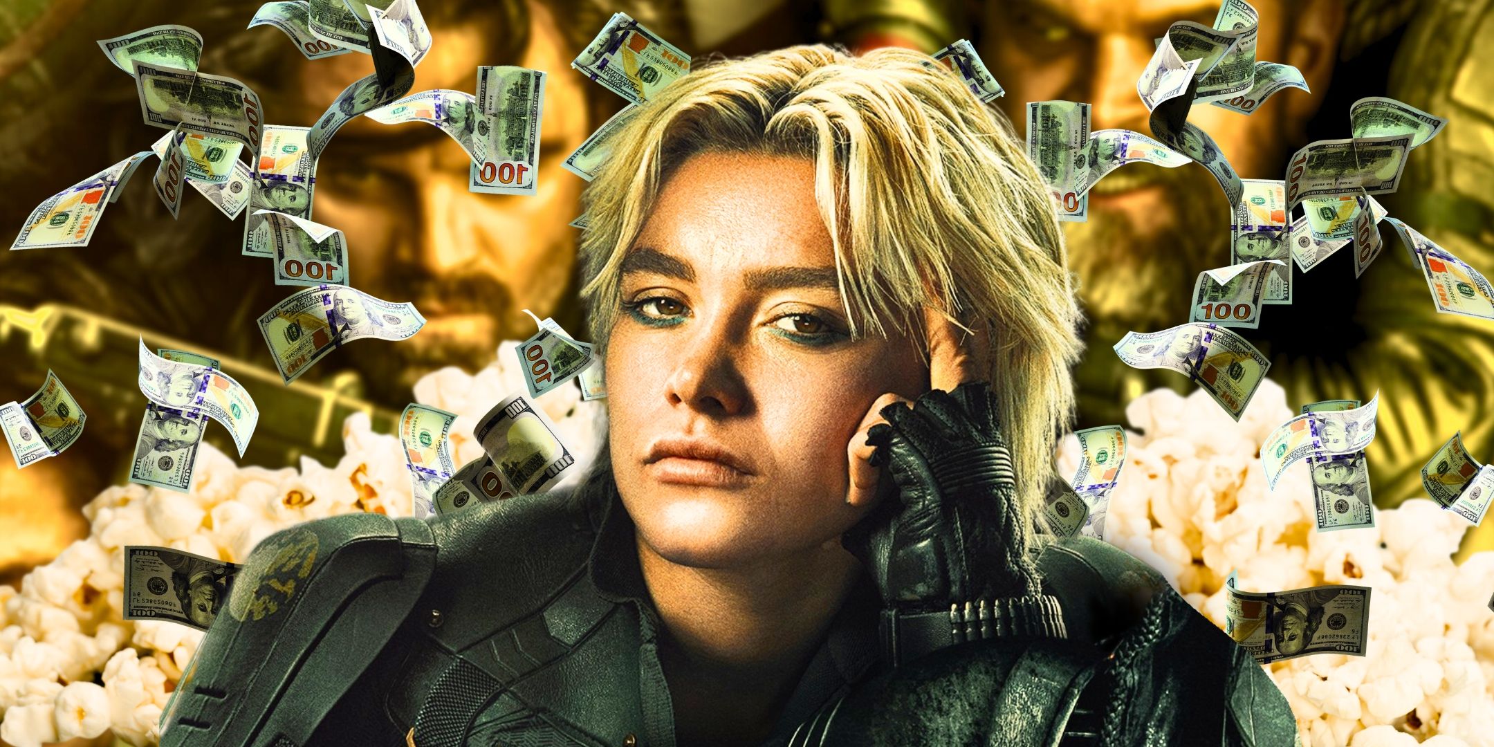 Елена Белова (Флоренс Пью) в Thunderbolts, с дождем купюр на заднем плане и попкорном