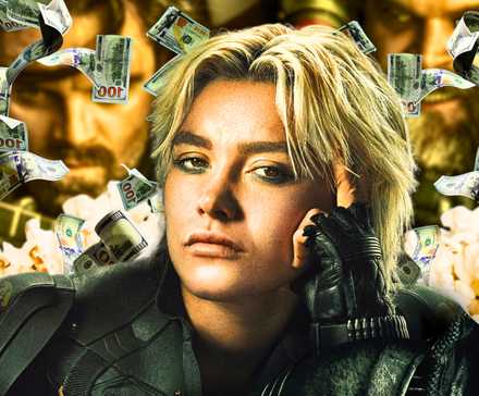 Елена Белова (Флоренс Пью) в Thunderbolts, с дождем купюр на заднем плане и попкорном