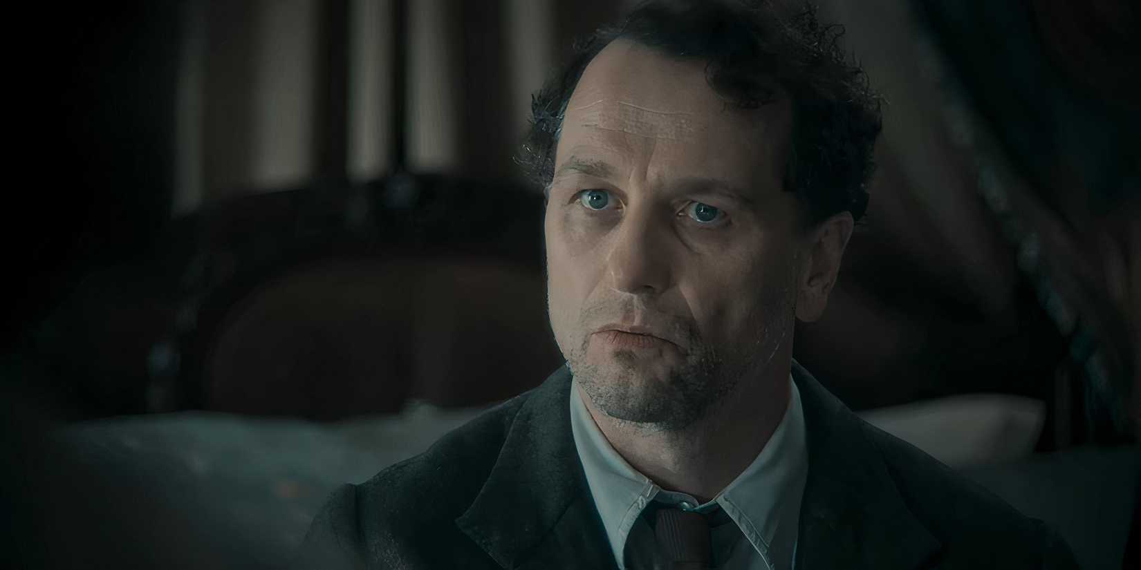 Matthew Rhys as Inspector Leach looking worried in Towards Zero