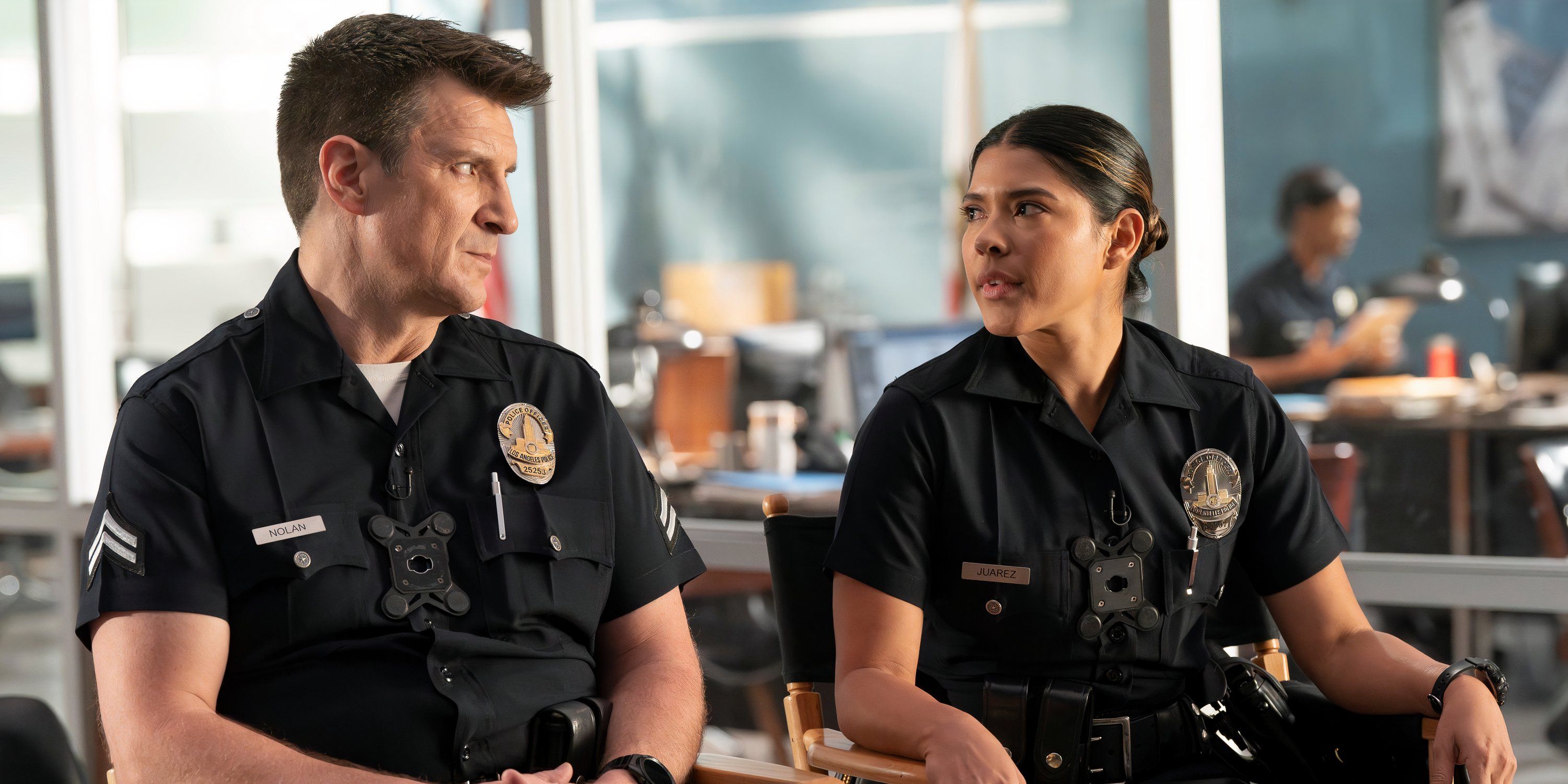 Nathan Fillion as John Nolan and Lisseth Chavez as Celina Juarez in The Rookie season 7, episode 15