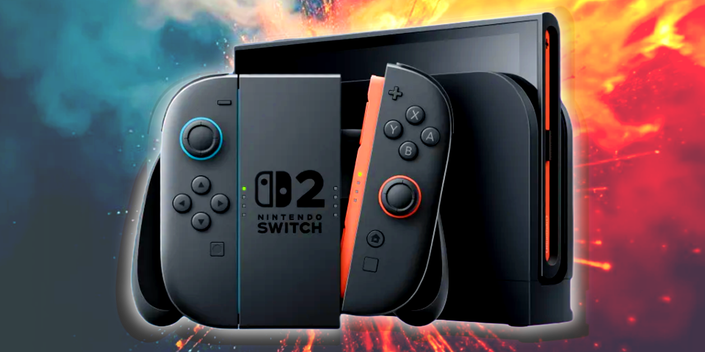Nintendo Switch 2 with a starbust of fire behind it