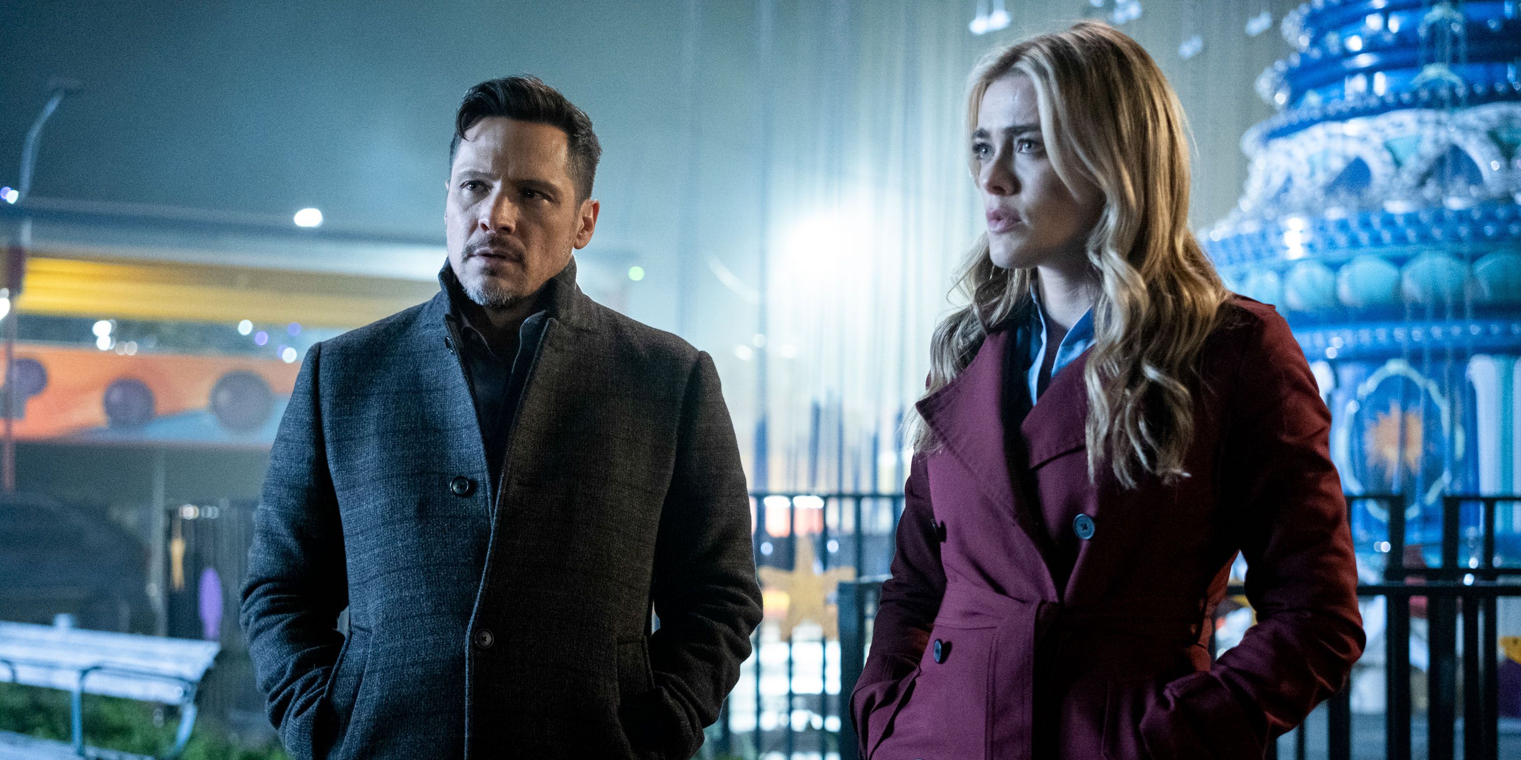 Nick Wechsler as Oliver Odell and Melissa Roxburgh as Rebecca ‘Bex’ Henderson in The Hunting Party season 1, episode 10