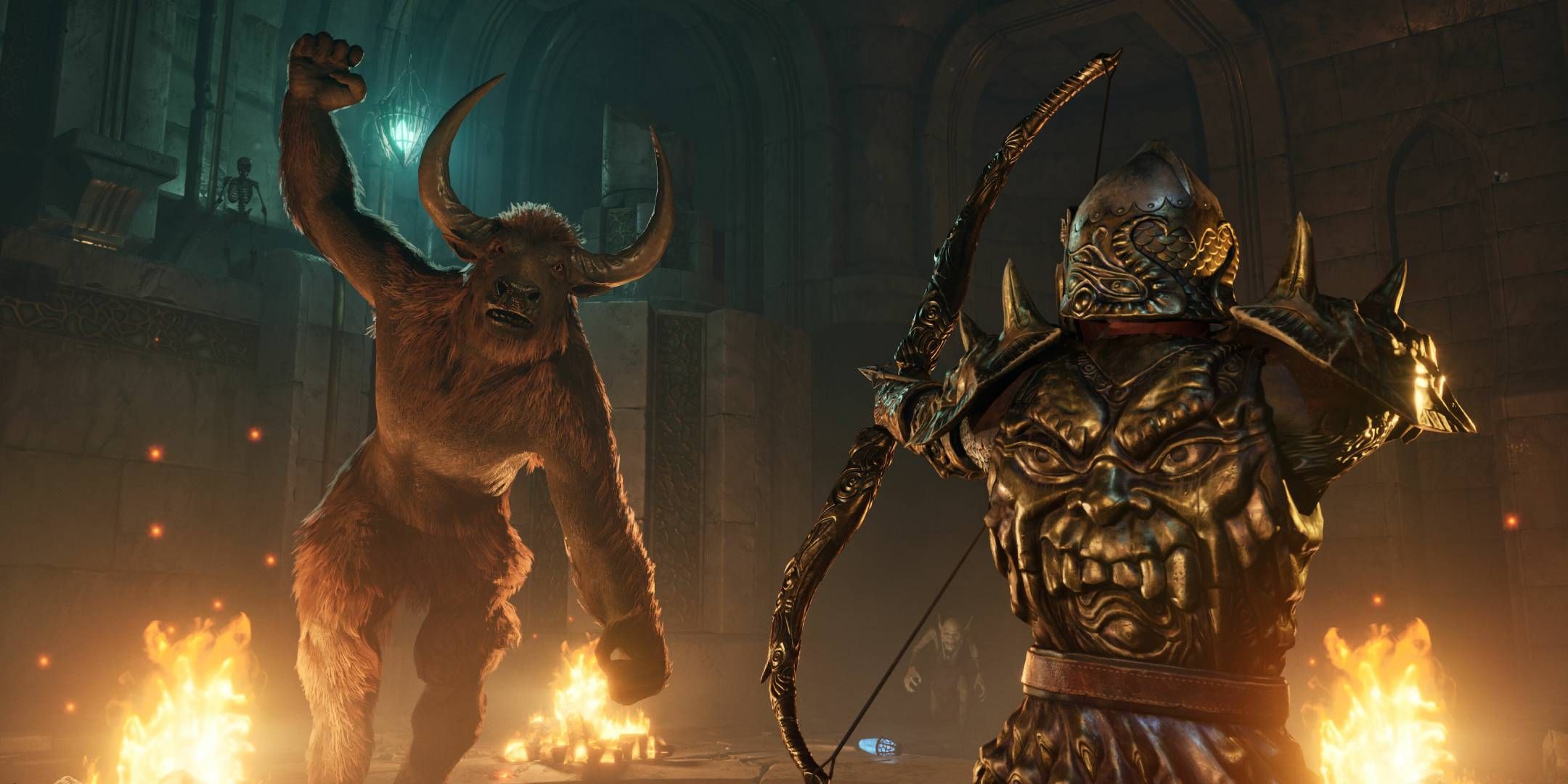 The player aiming their bow at a minotaur in Oblivion Remastered.