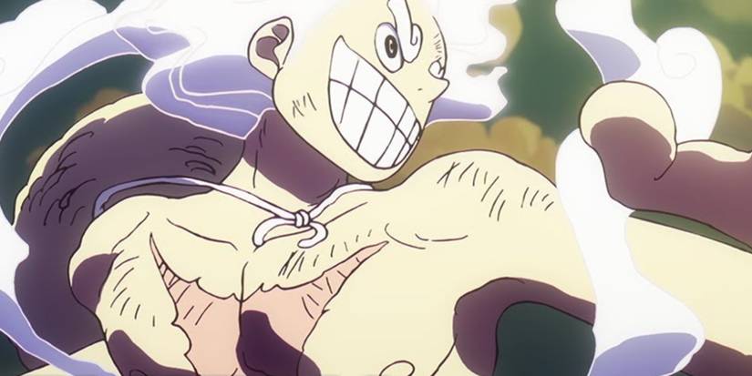 Luffy, Gear 5 from One Piece, smiles widely with the sun behind him as he prepares to attack Saturn.