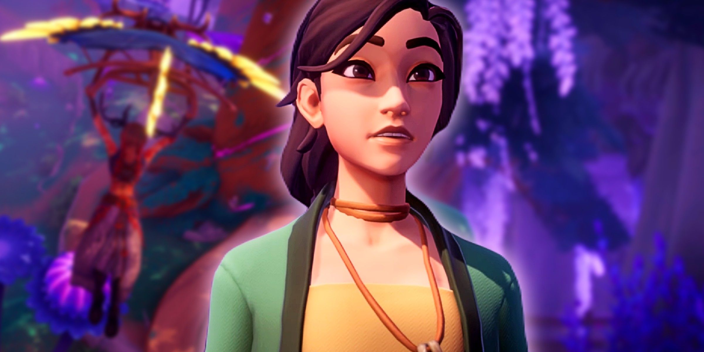 Palia character looking amazed with screenshots from elderwood expansions behind them-1