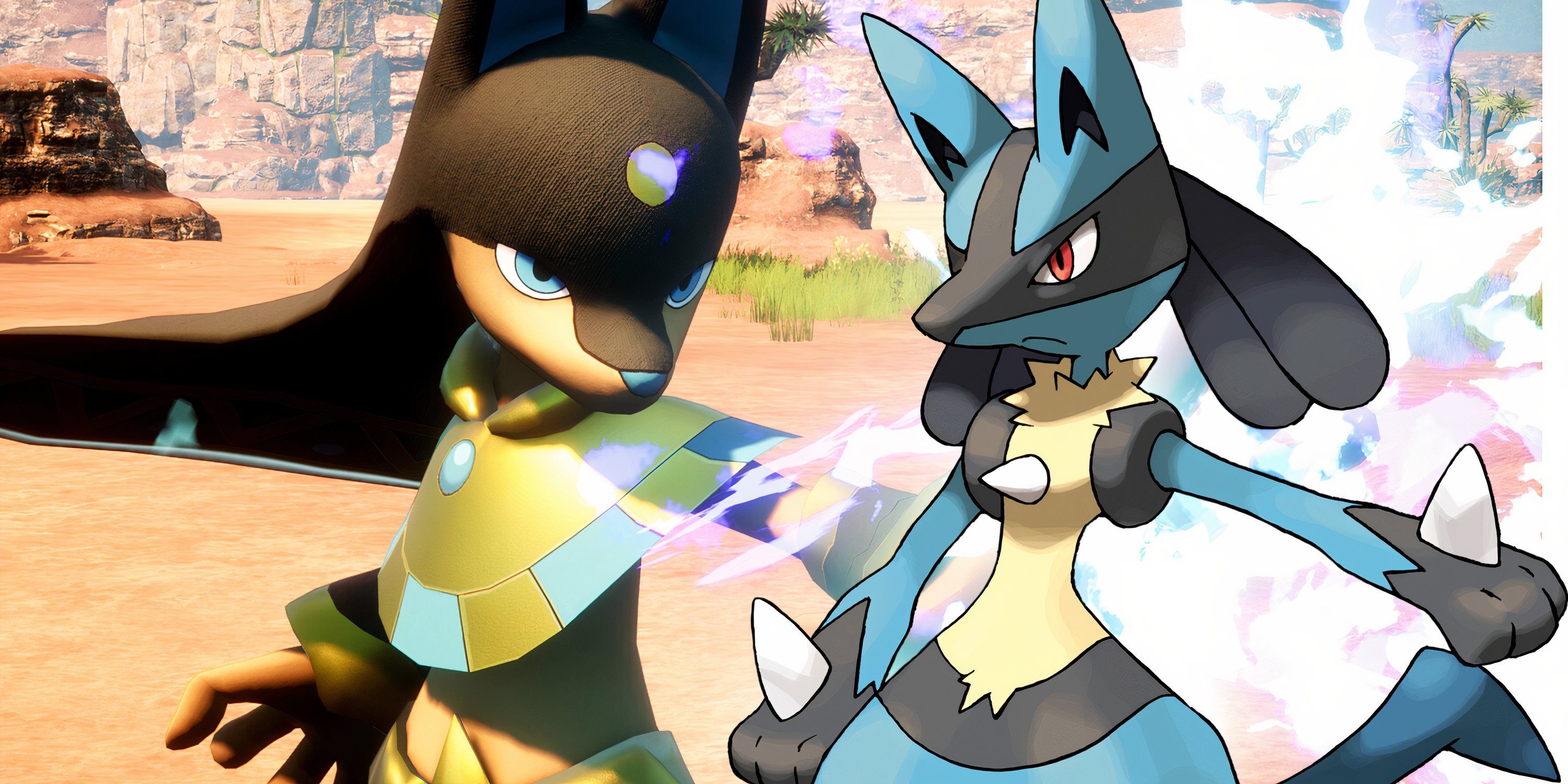 Palworld charatcer and lucario from pokemon facing off against each other