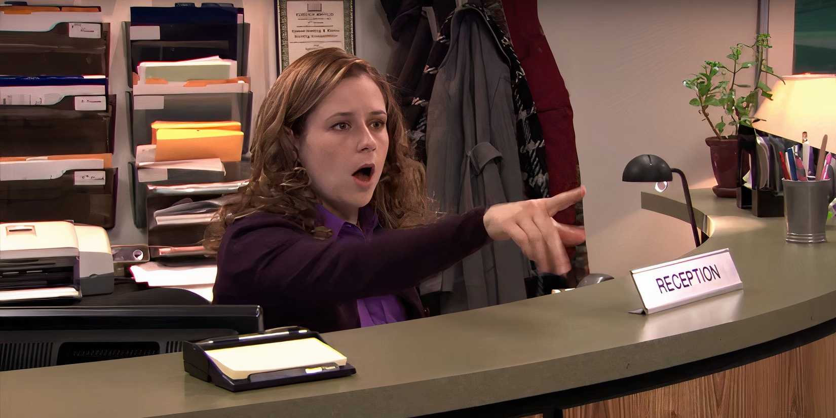 Pam (Jenna Fischer) pointing and yelling in The Office.
