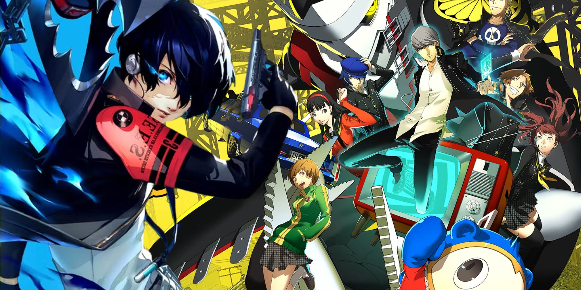 Persona 3 Reload protagonist next to key art from Persona 4 Golden
