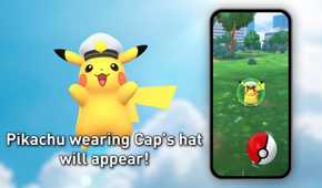Pikachu wearing Caps hat shown on phone in Pokemon GO