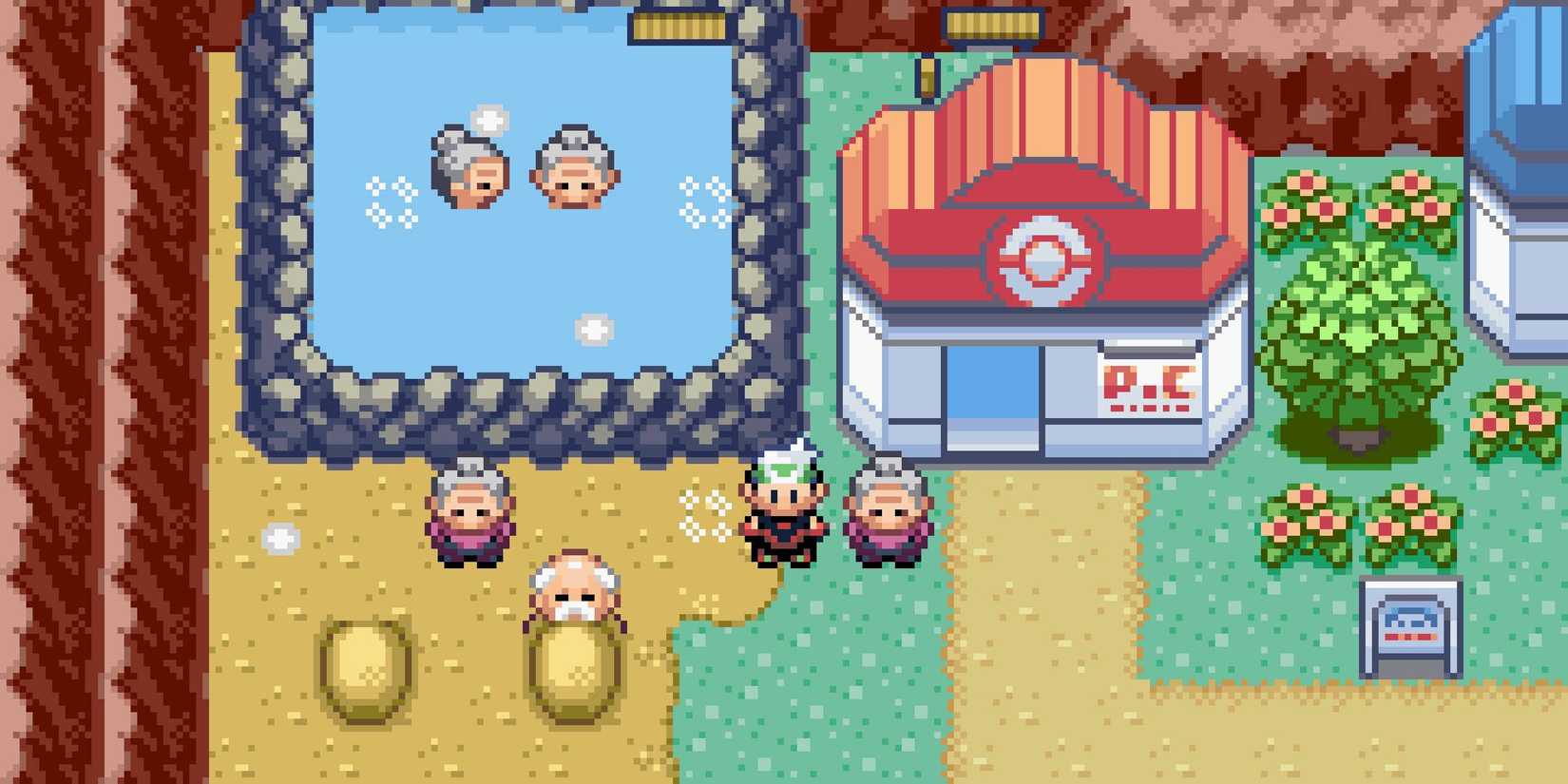 The player stood outside of the Poke Center in Lavaridge Town in Pokemon Ruby and Sapphire.