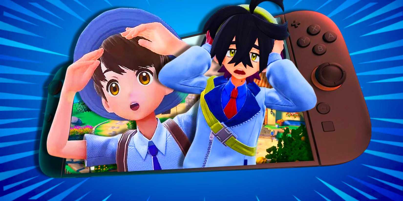 What Is The Next Pokémon Game? 2 The Scarlet and Violet male trainer next to Kieran looking shocked inside of a Nintendo Switch 2.