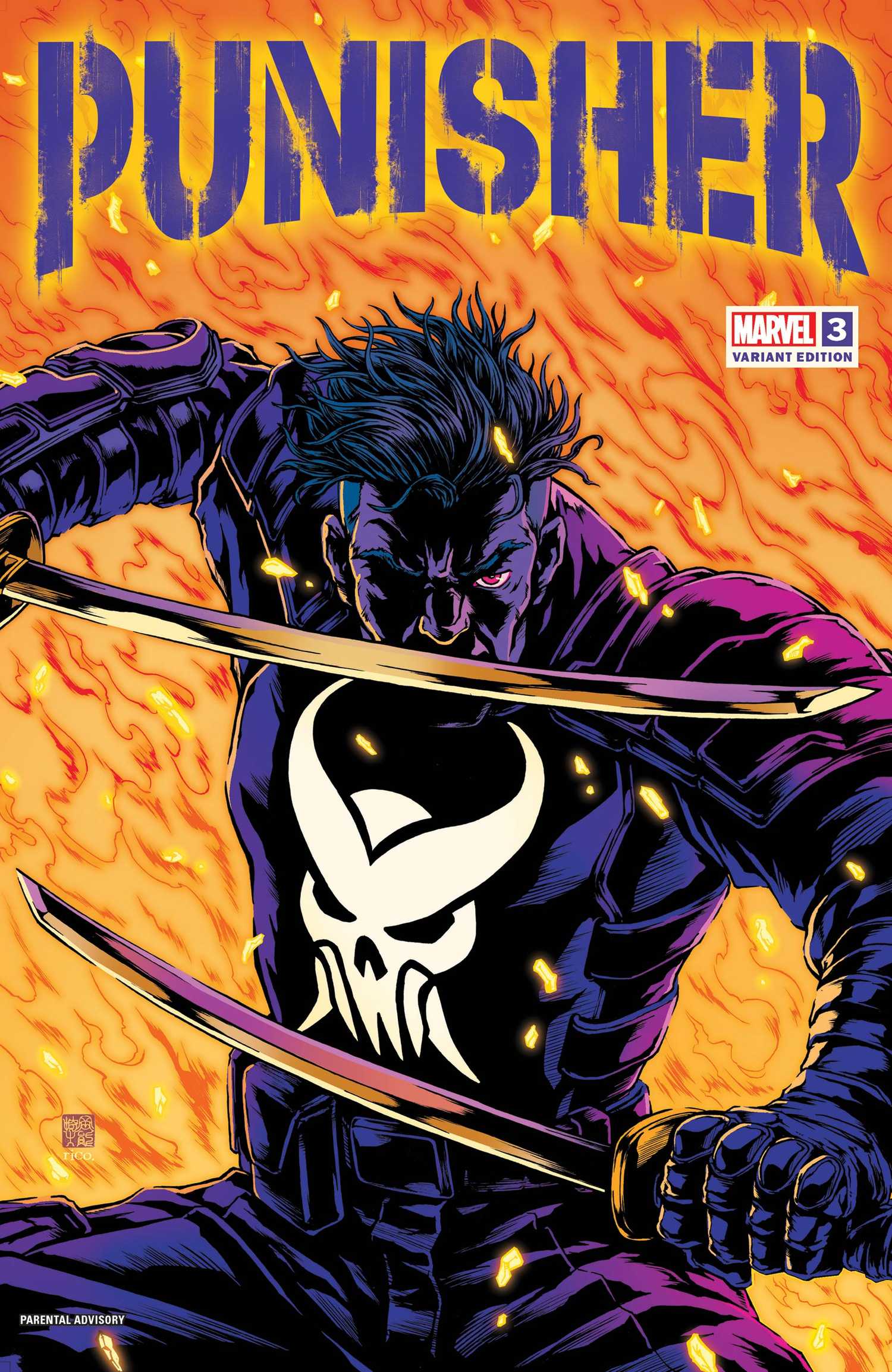Punisher holds both swords and sports his updated demonic logo.