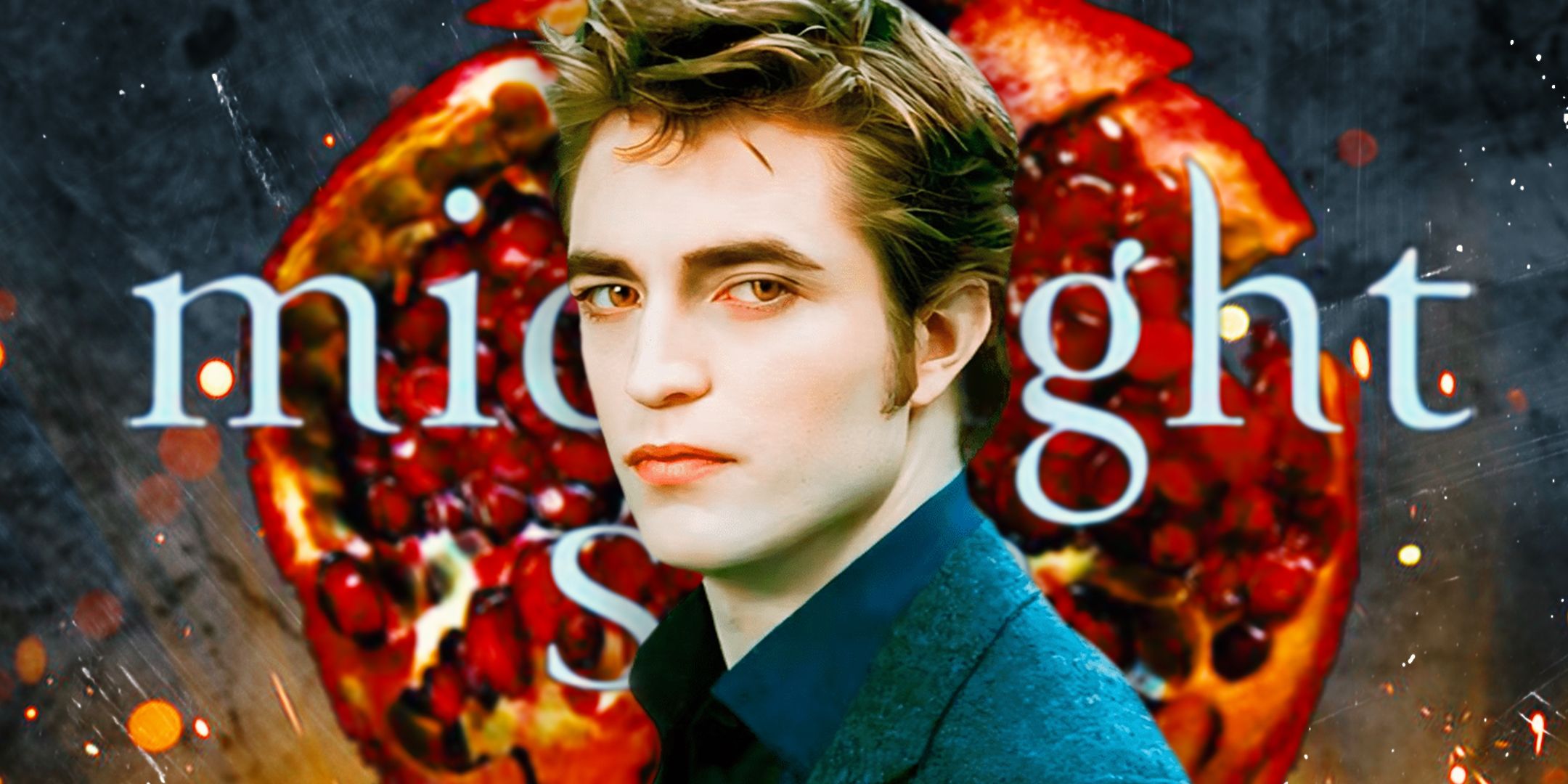 Robert Pattinson como Edward Cullen em Crepúsculo com o logo do livro Amanhecer na frente.