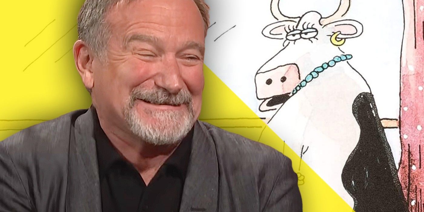 robin williams chuckling at far side comic with cow