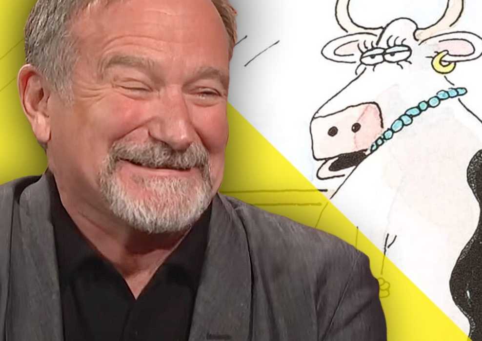 robin williams chuckling at far side comic with cow