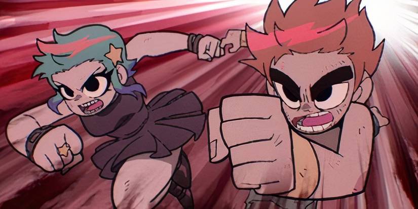Scott Pilgrim and Ramona Flowers running in Scott Pilgrim Takes Off