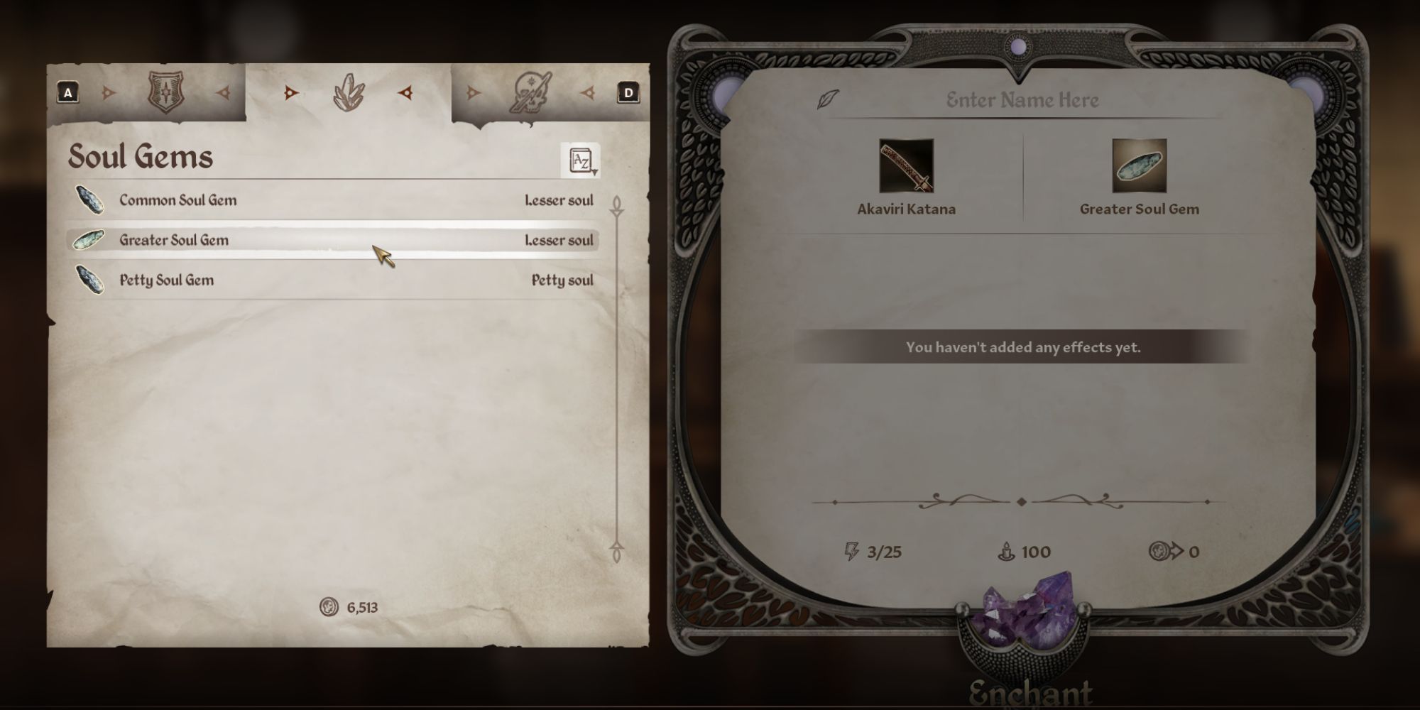 Selecting a soul gem while enchanting a weapon in Oblivion Remastered