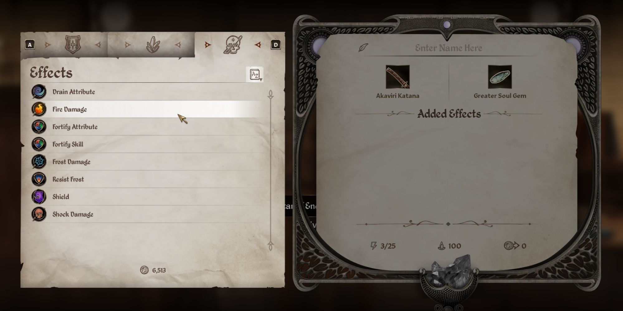 Selecting an effect while enchanting a weapon in Oblivion Remastered