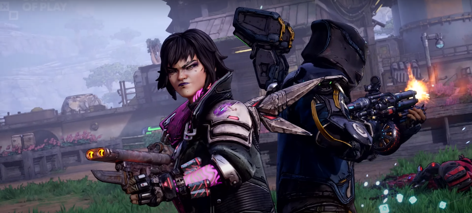 Borderlands 4 Vex and Rafa vault hunters standing back to back and shooting their guns