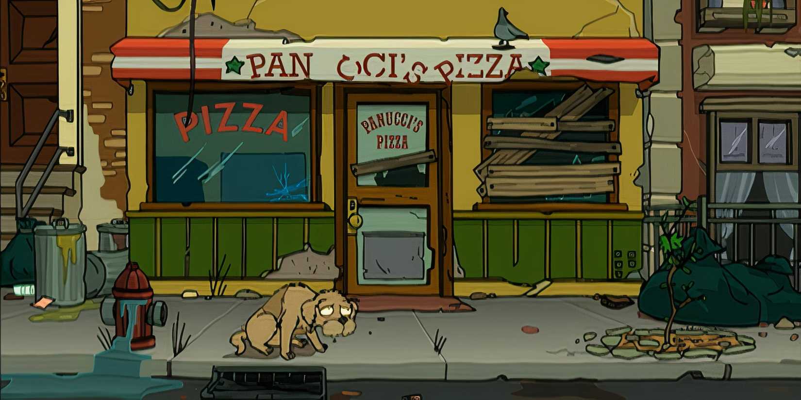 Seymour gets old waiting for Fry outside Panucci's Pizza in Futurama Jurassic Bark