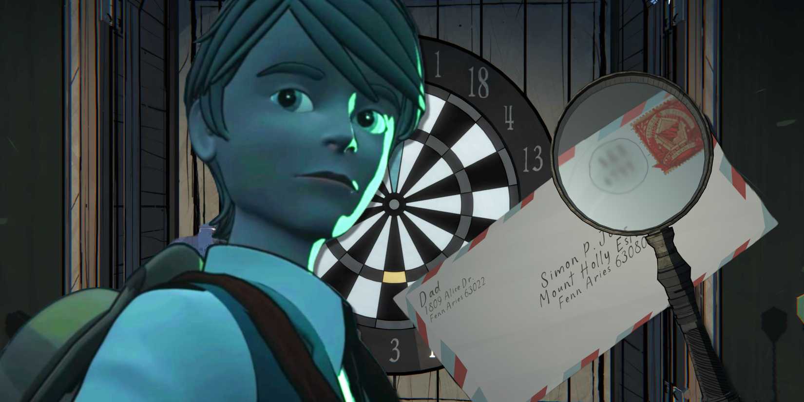 Simon and a letter with a magnifying glass in front of the dart board from Blue Prince.