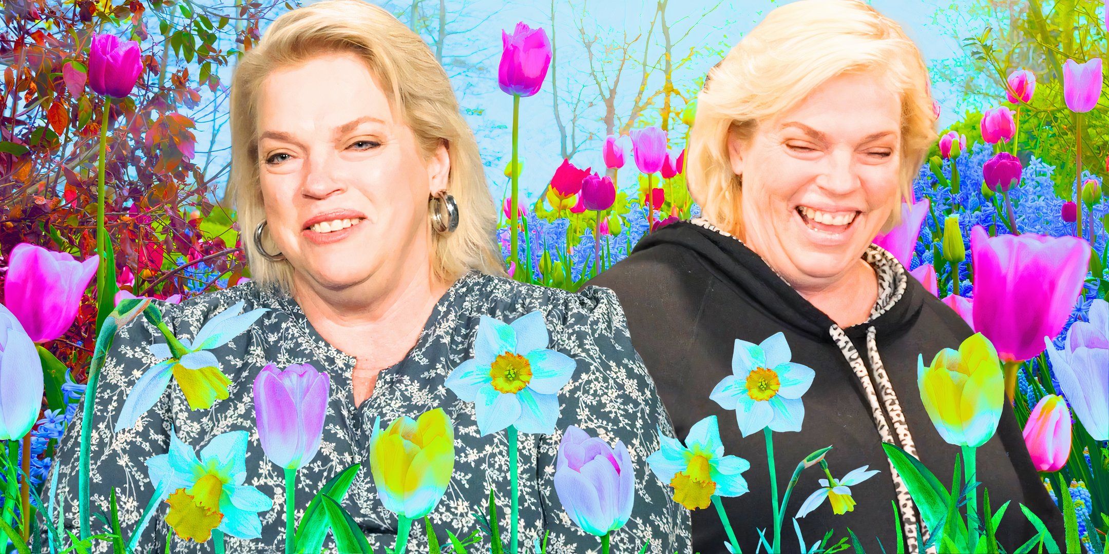 sister wives star janelle brown smiling in two poses with spring flowers in the background