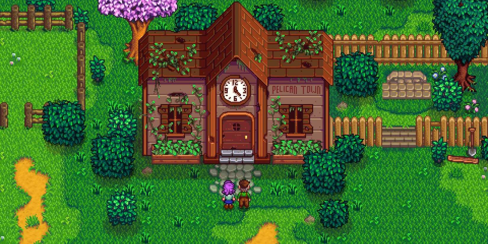 Stardew Valley purple hair female farmer and mayor lewis looking at the community center