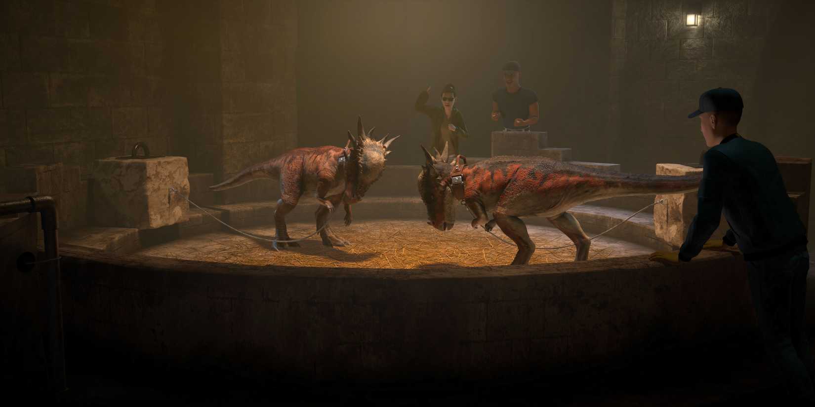 Stygimolochs fight in the dinosaur market in Jurassic World: Chaos Theory season 3.