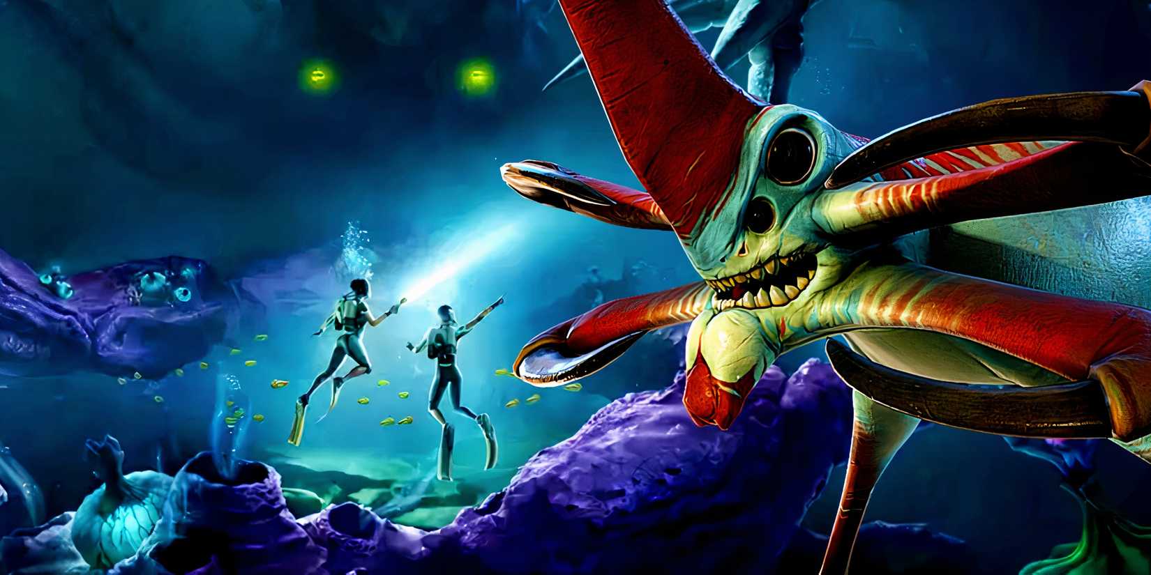 Subnautica reaper leviathan looming over two small divers from subnautica 2