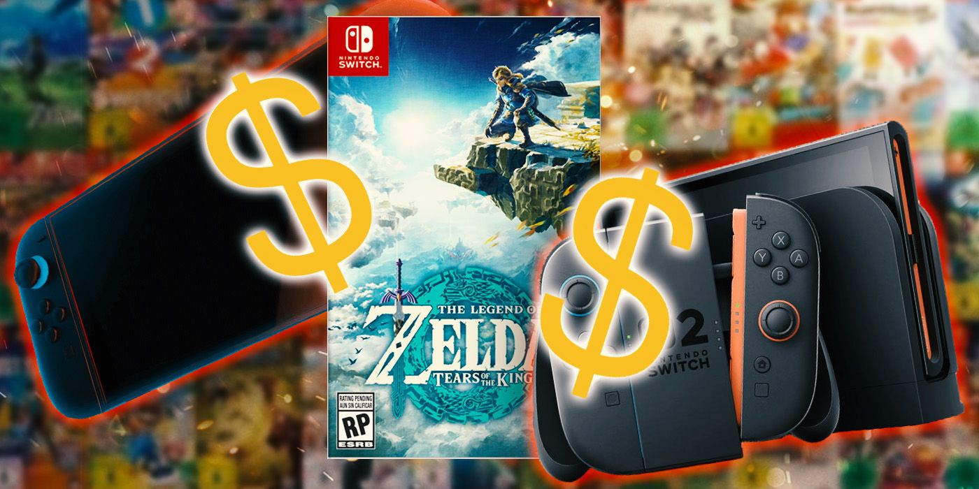 As lágrimas do Kingdom Switch 2 Box Art com sinais de dólar ao redor e dois interruptoras 2s.