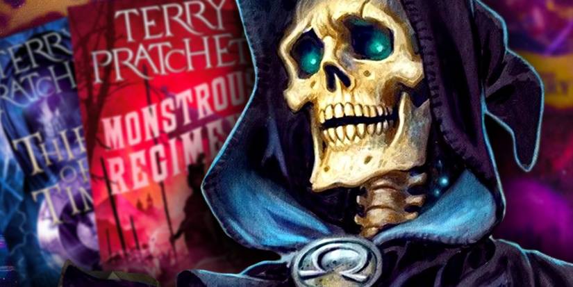 terry pratchett's grim reaper character with his discworld books behind slightly blurred