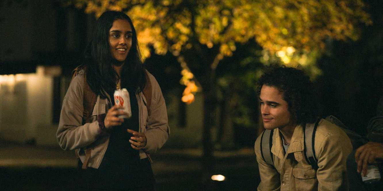 Dr. Victoria Javadi (Shabana Azeez) and Mateo Diaz (Jalen Thomas Brooks) having a beer after their shift in ER in The Pitt Season 1 Ep 15