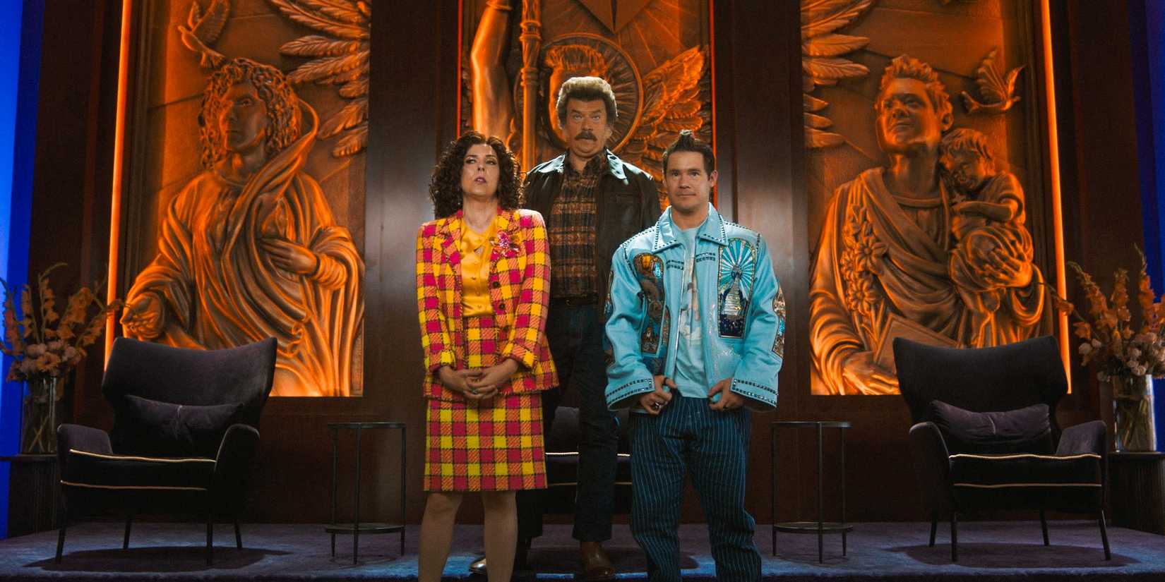 Judy (Edi Patterson), Jesse (Danny McBride) e Kelvin (Adam Devine) em The Righteous Gemstones Temporada 4 Episódio 8