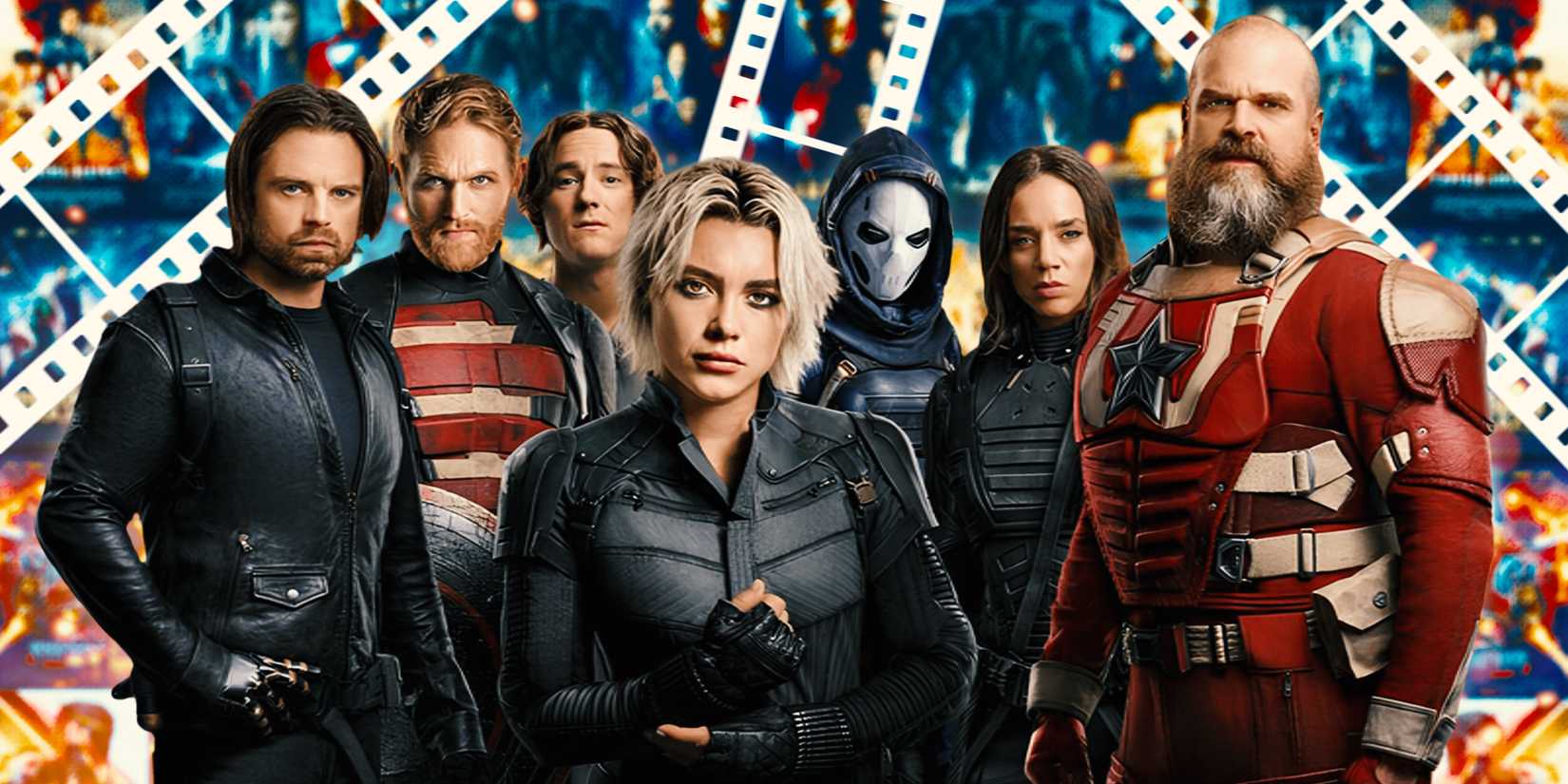 Актеры "Тор: Завоеватели" перед коллажем постеров фильмов Marvel и кинолент