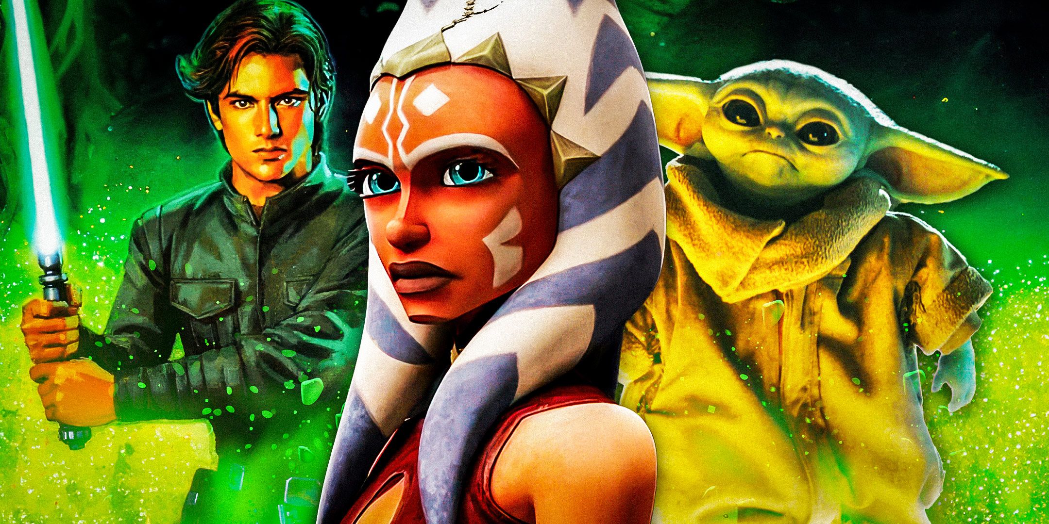 Ahsoka Tano from Star Wars: The Clone Wars in the center, with Jacen Solo wielding a green lightsaber on the left and Grogu on the right.