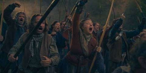 Villagers letting out a war cry in The Wheel of Time Season 3 Ep 7