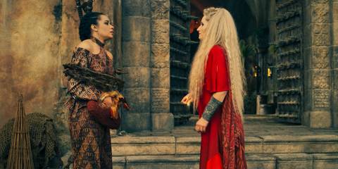 Nynaeve al'Meara (Zoë Robins) is bound with chains by the magic of Liandrin Guirale (Kate Fleetwood) in The Wheel of Time Season 3 Ep 8