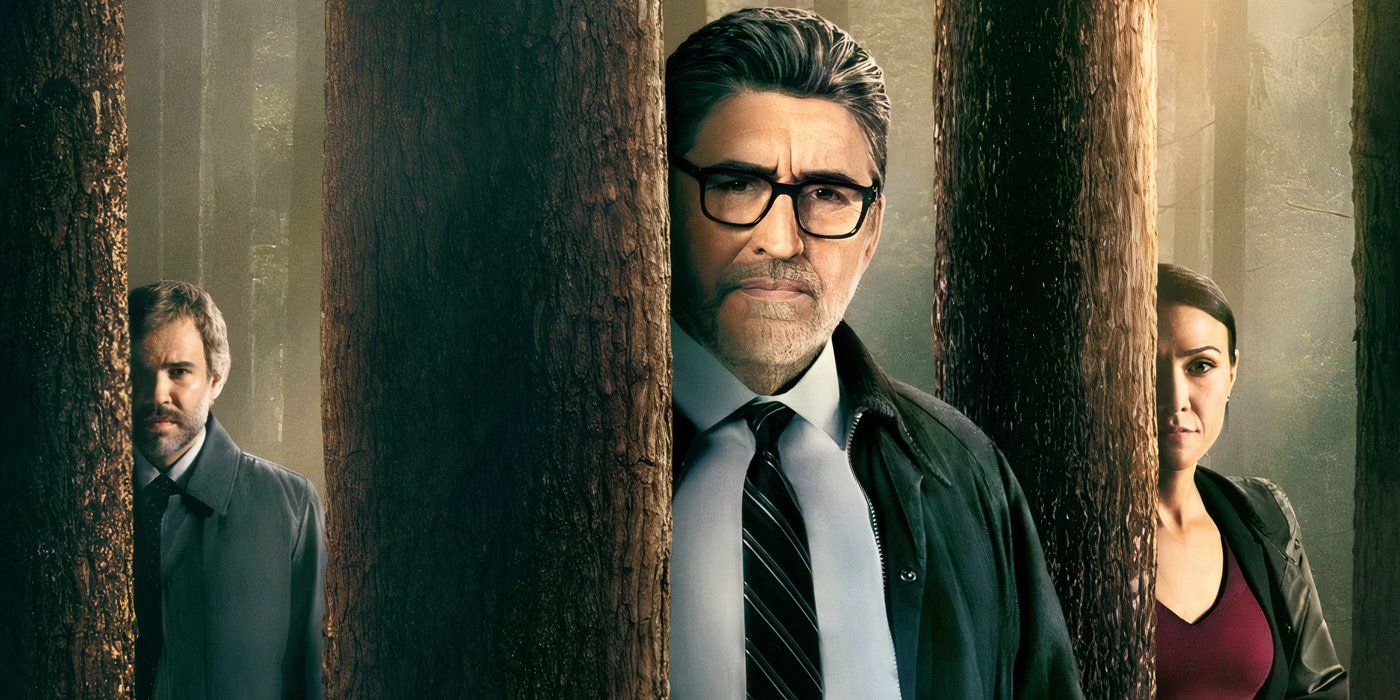 Three Pines cast members standing behind trees