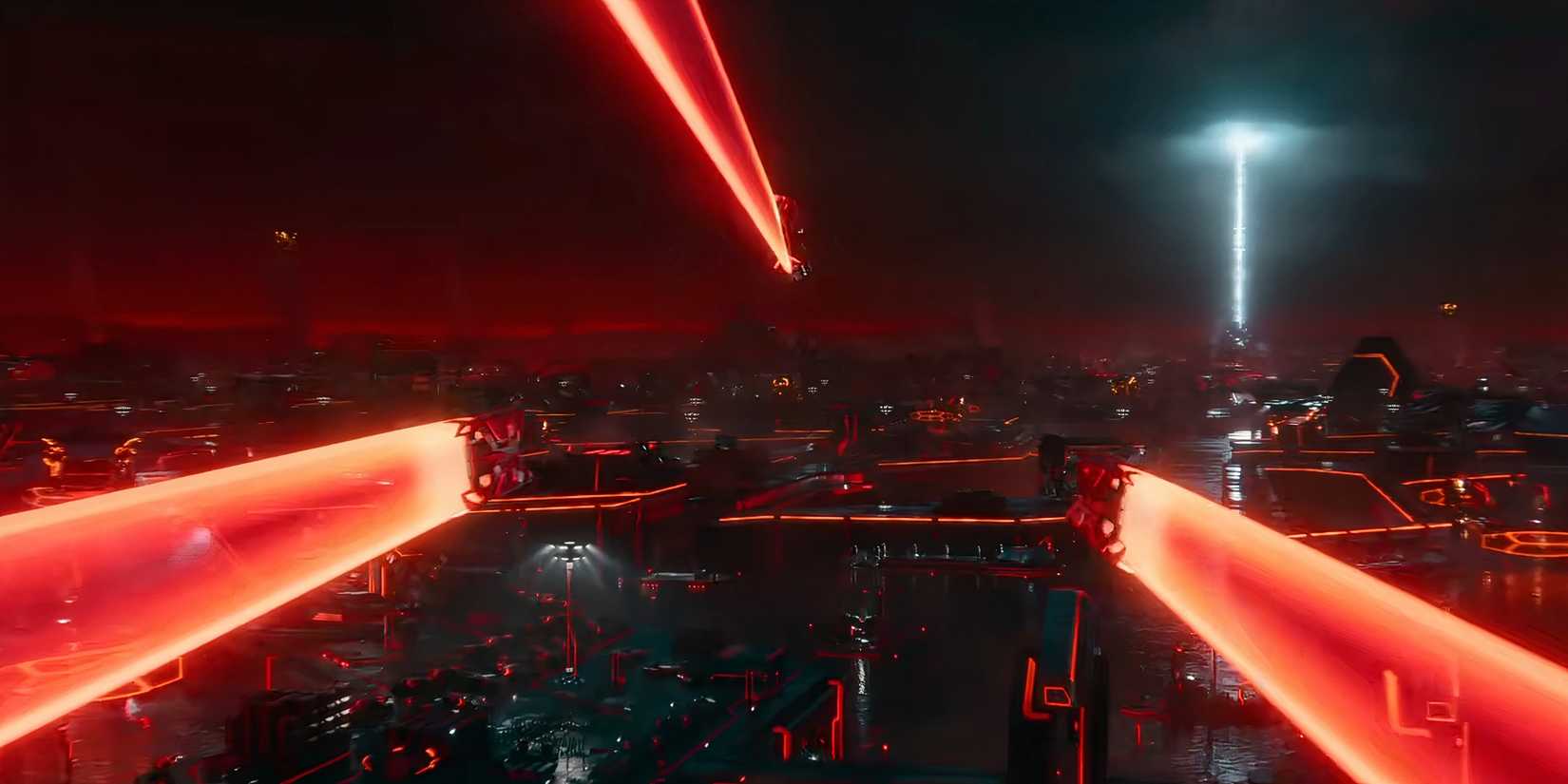 Three Grid ships flying toward the portal to the real world in Tron: Ares
