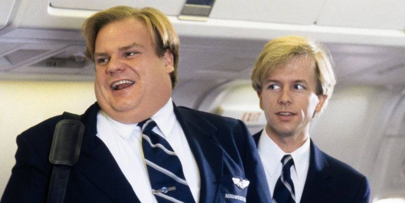 Tommy (Chris Farley) and Richard (David Spade) on a plane together in Tommy Boy.