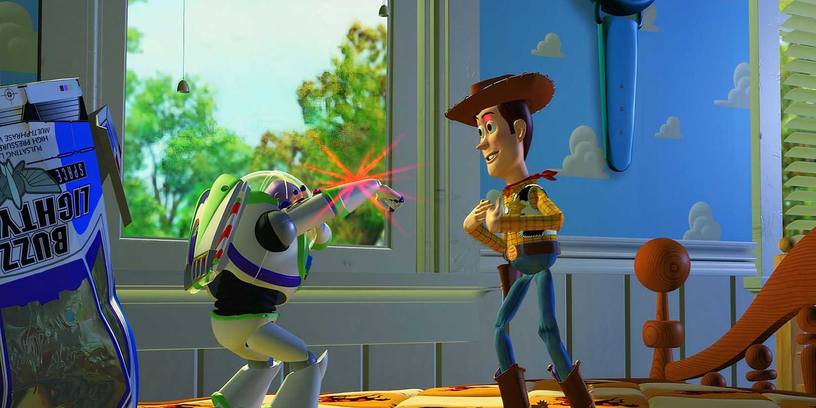 Buzz points a laser at Woody in Toy Story