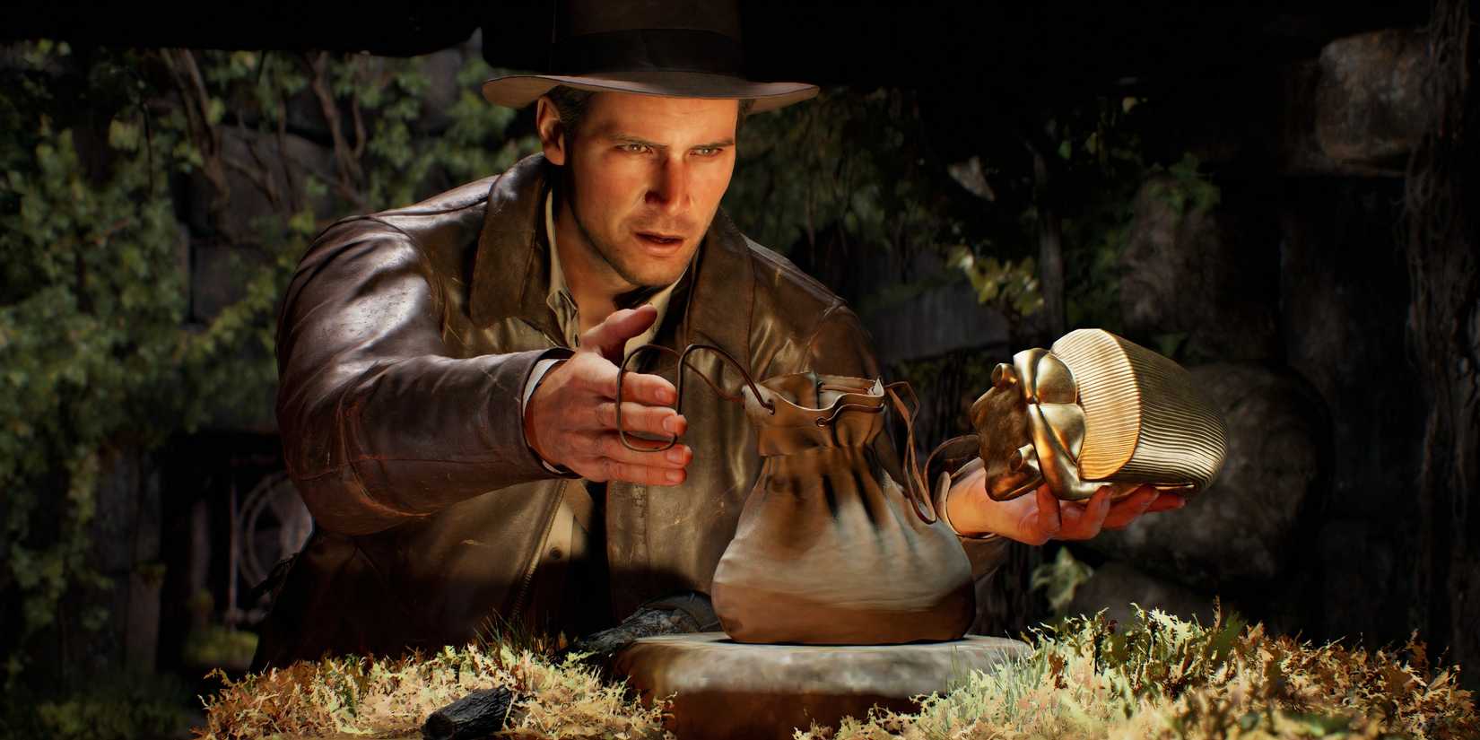 Indiana Jones And The Great Circle tomb puzzle, featuring Indy needing to switch the artifact out with a heavy bag.