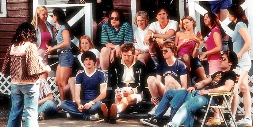 The camp counsellors gathered outside a cabin in Wet Hot American Summer (2001).