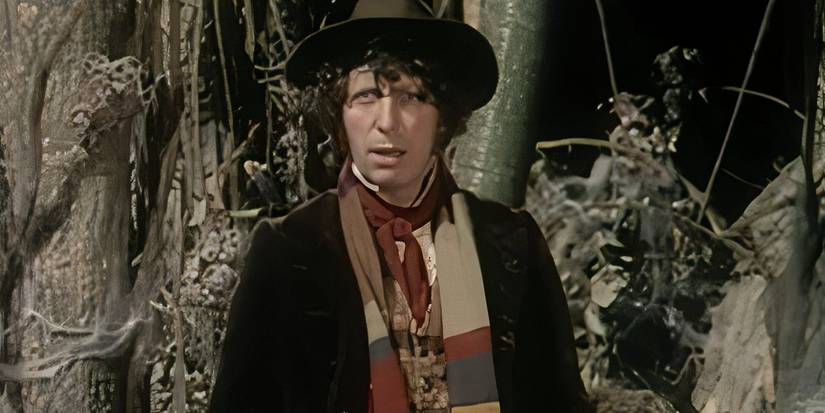 Tom Baker as the Fourth Doctor talking to the camera about not being at Hyde Park in the Doctor Who serial "The Face of Evil."