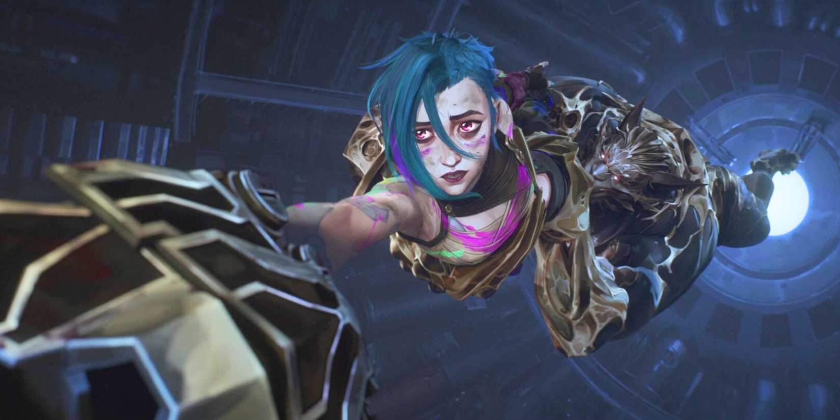 Jinx hanging over a pit and holding onto Vi's gauntlet while Warwick hangs from her legs in Arcane