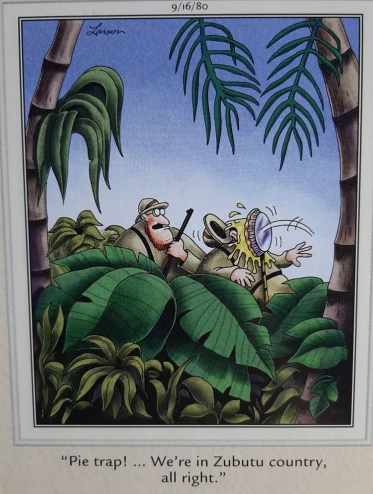 The Far Side, an explorer gets hit in the face with a pie.
